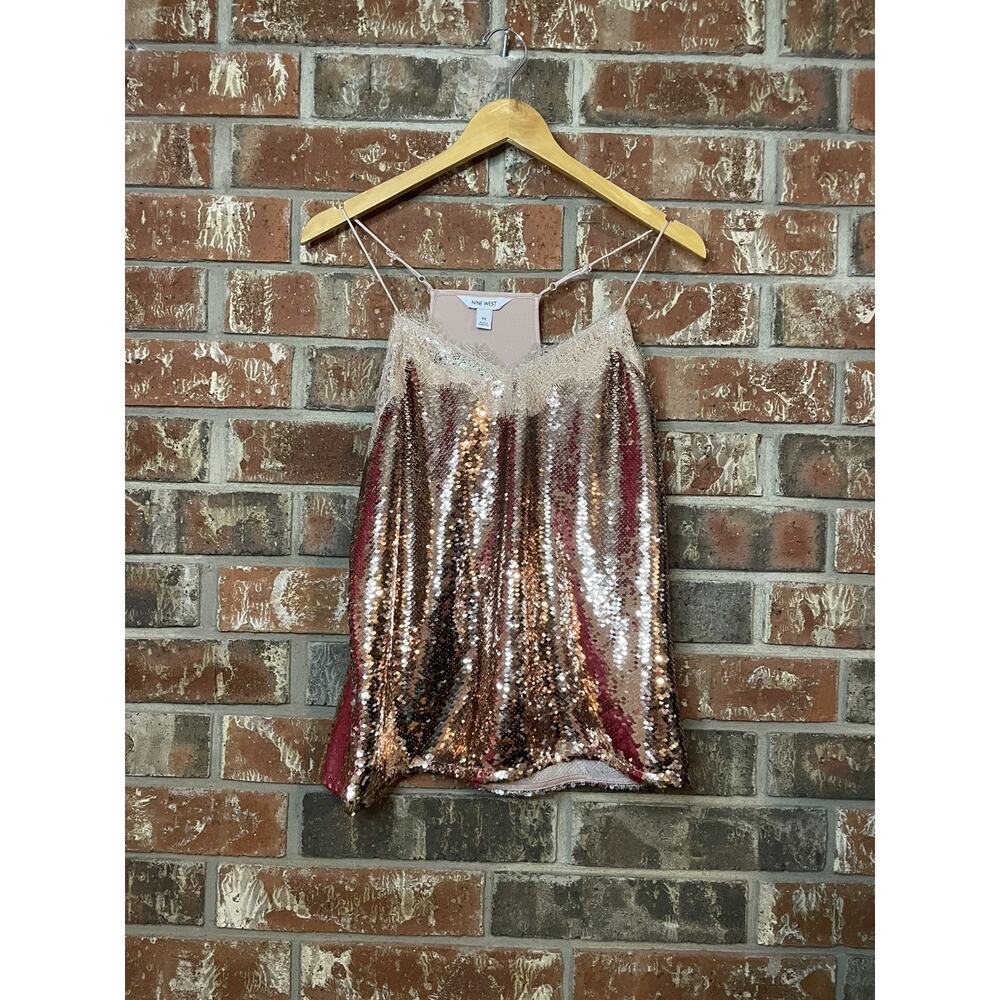Nine West All Over Sequin Rose Gold Lacey Spaghetti Strap Tank Top Size Medium